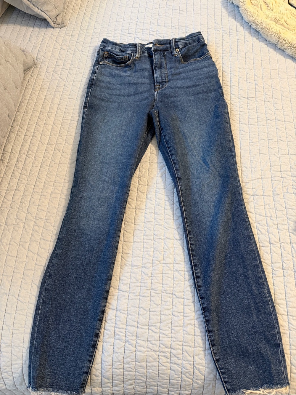 Good American Size 27 High Rise Raw Hem Skinny Jeans Medium Wash